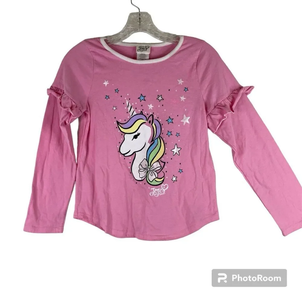 5/$25 Jojo Siwa Pink White Long Sleeve Unicorn Graphic Ruffle T Shirt 14/16